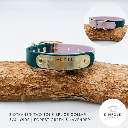 Two-tonesplice collar in forest green and lavender on a wooden branch with Kinfolk Leather branding.