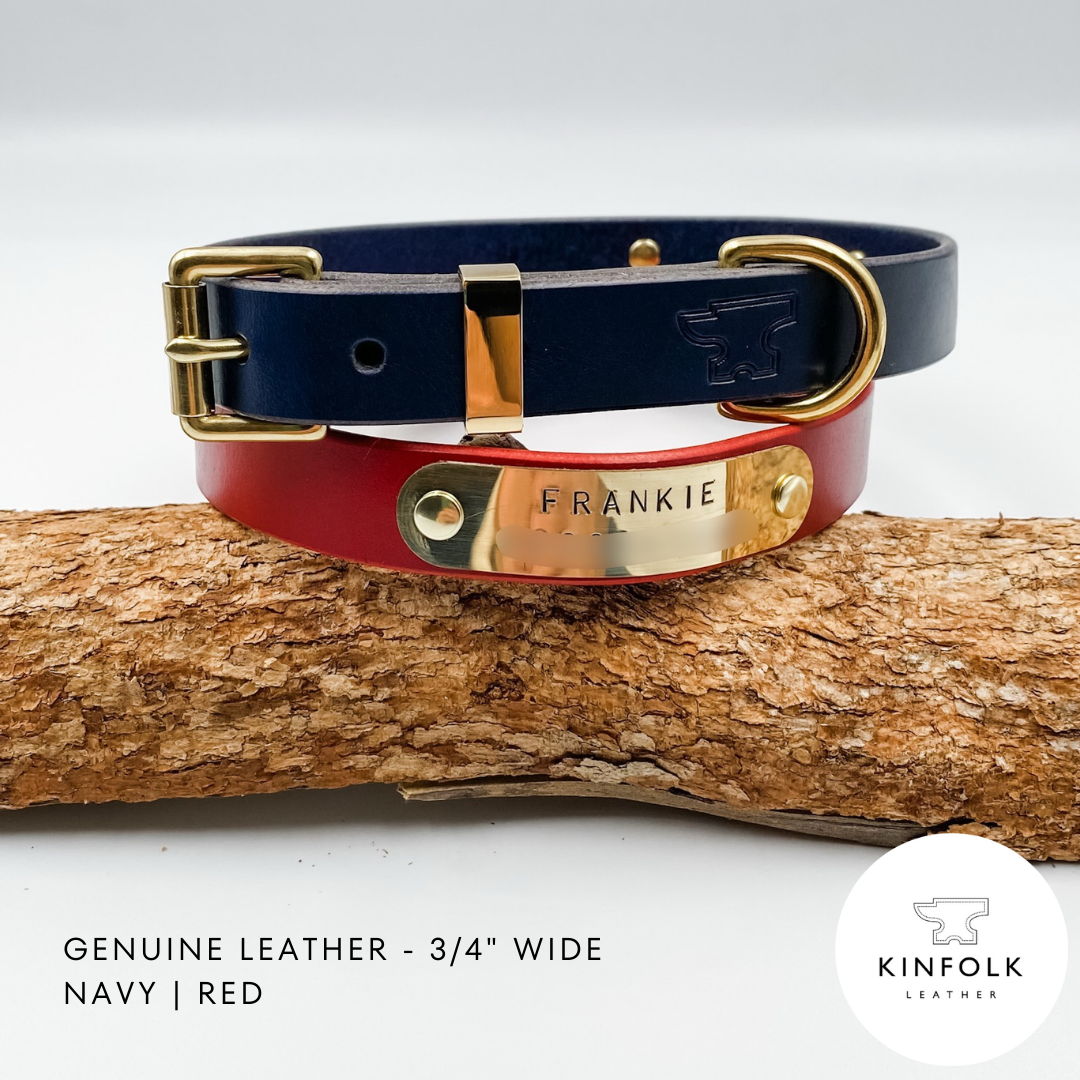 Genuine Leather Custom Dog Collars - Made in NZ by Kinfolk Leather - Navy and Red with brass buckle and nameplate