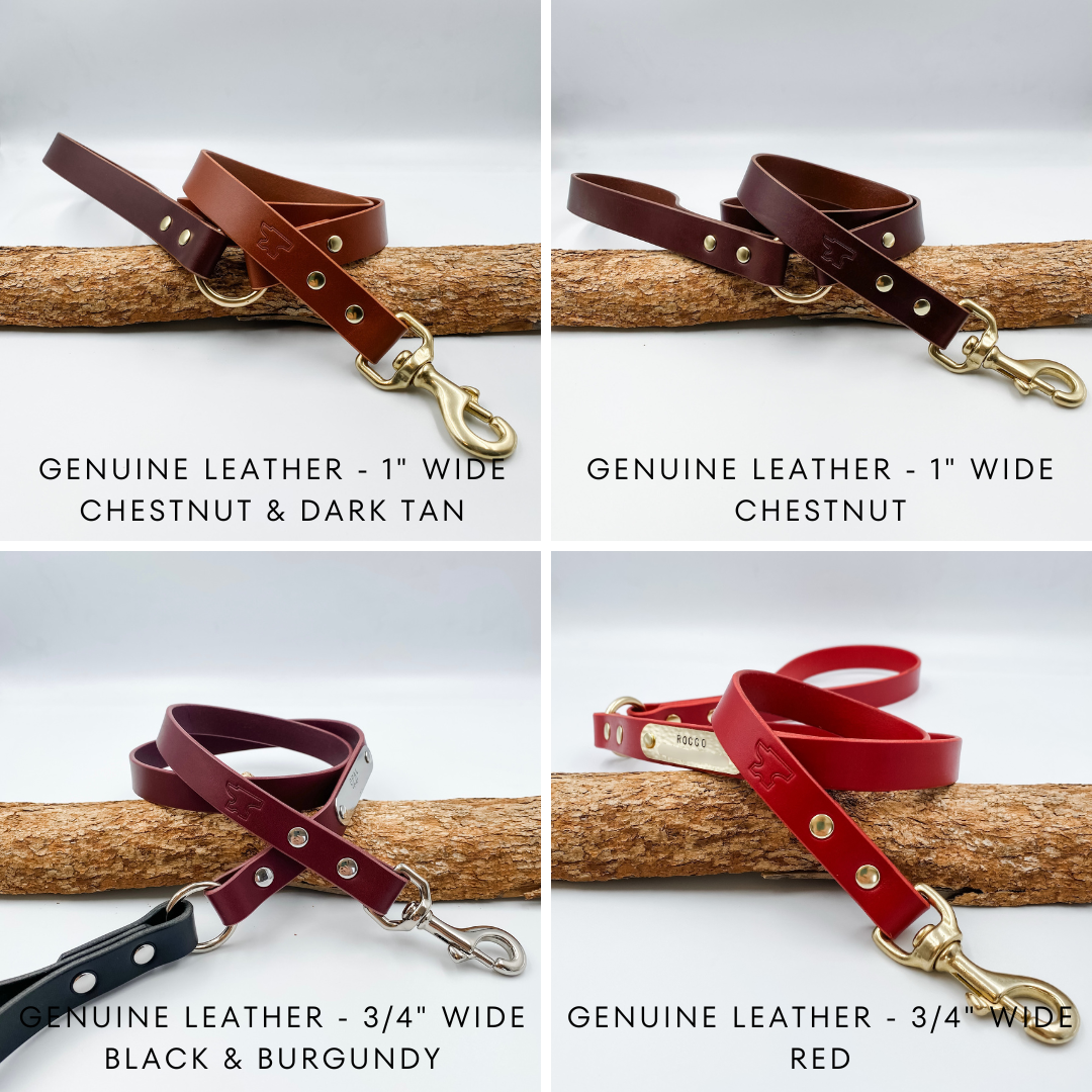 Four different custom leather dog leashes in various colors and widths on wooden logs with text labels.