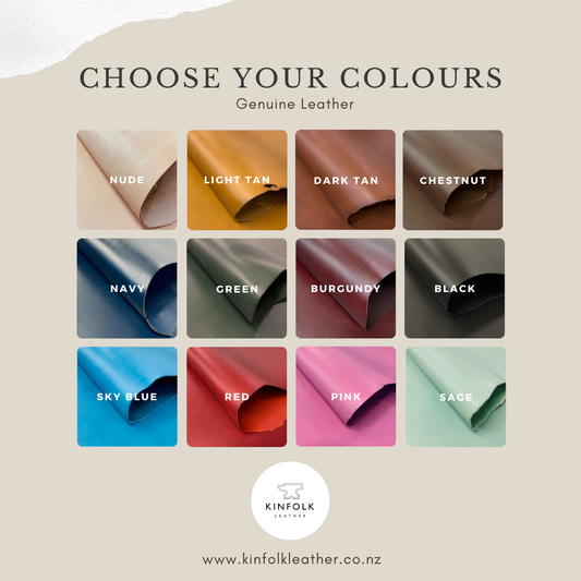 Color swatches of genuine leather in various colours with Kinfolk Leather logo.