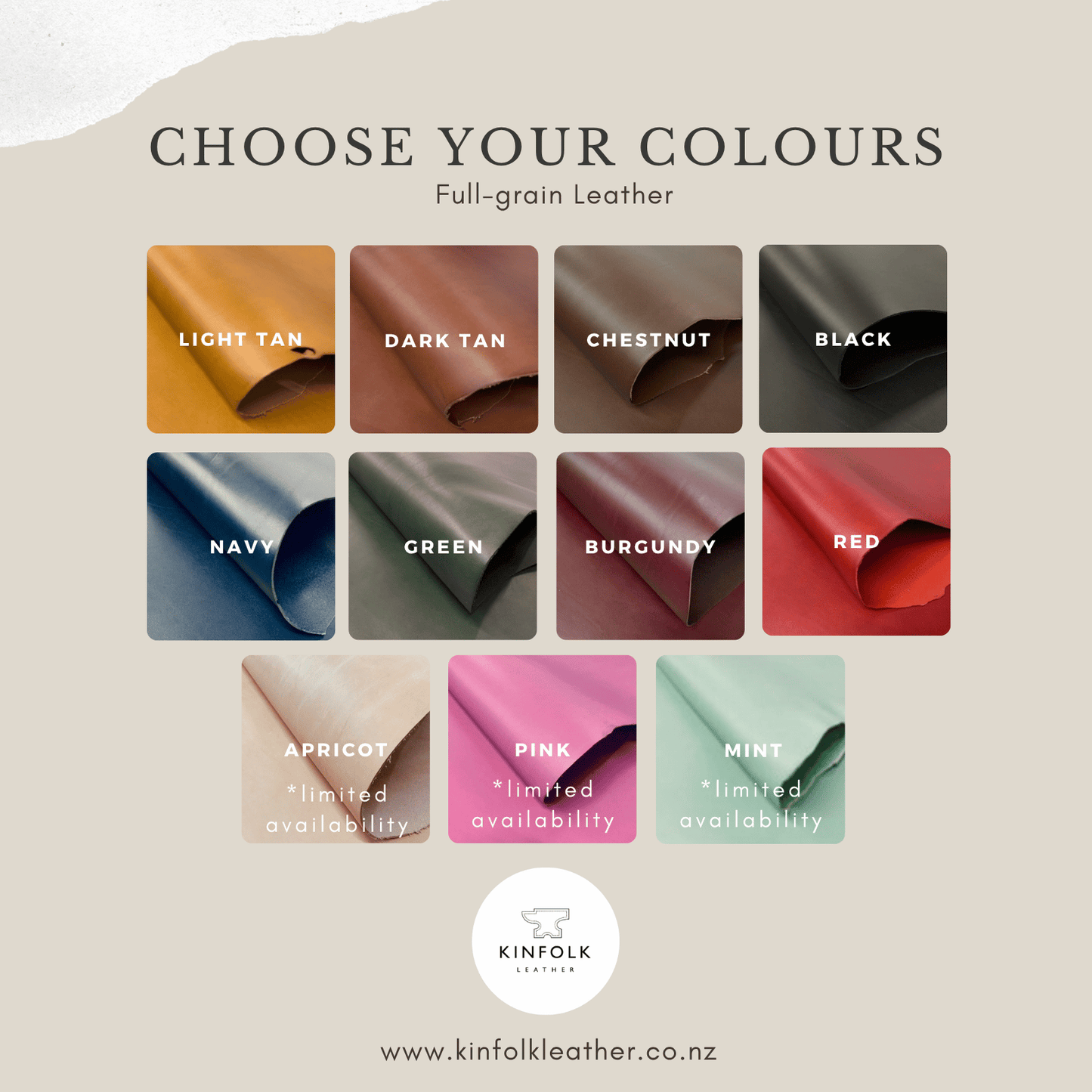 Color swatches of genuine leather in various colours with Kinfolk Leather logo.