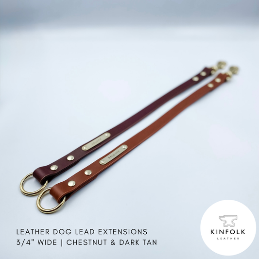 Two leather dog lead extensions, one chestnut and one dark tan, on a light gray background with Kinfolk Leather logo.