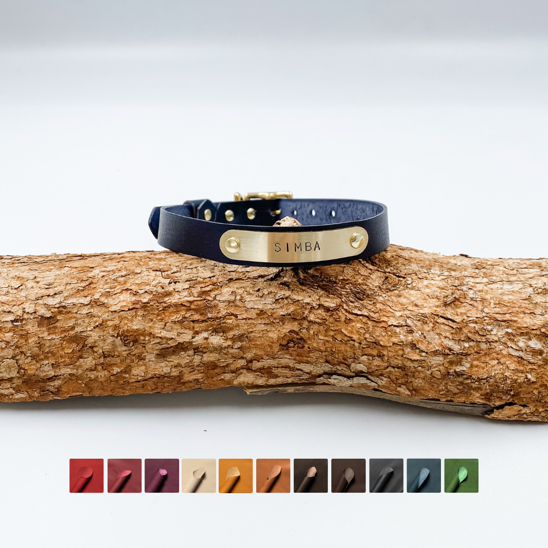 Soft Leather Puppy Collar with personalised brass nameplate - custom made in NZ by Kinfolk Leather