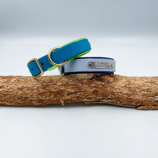 Waterproof BioThane Double Layered Collar with handstamped nameplate. Handmade by Kinfolk Leather in NZ