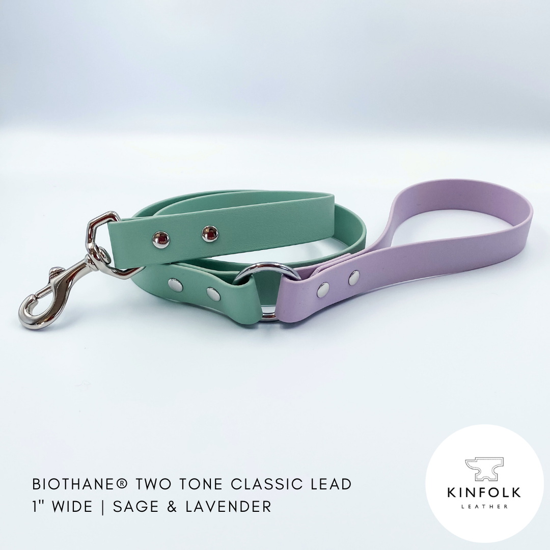 Two-tone dog leash in sage green and lavender on a white background, with Kinfolk Leather branding.