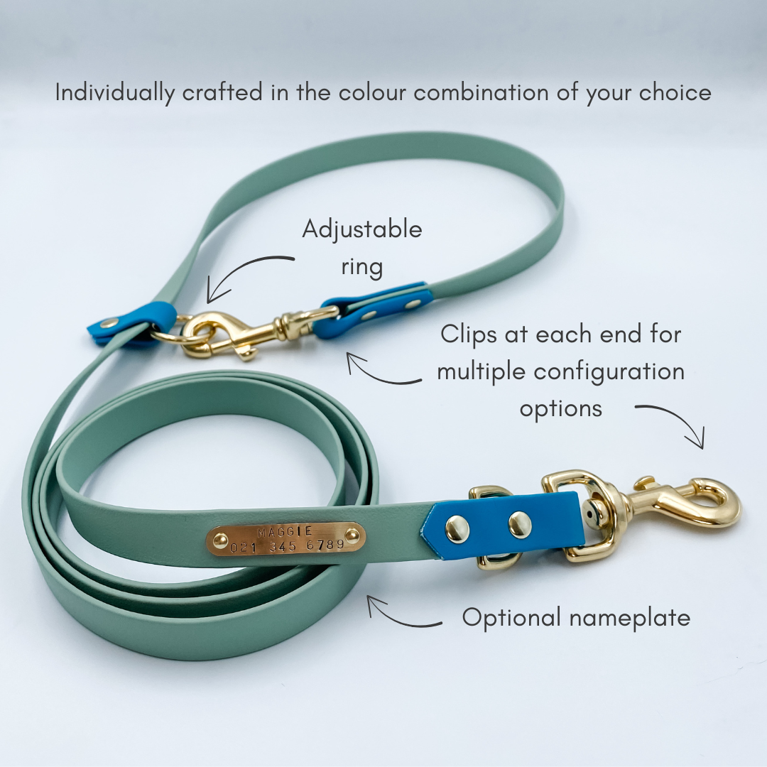 A Handsfree Dog Lead with nameplate Made from Waterproof Biothane - custom made by Kinfolk Leather in New Zealand
