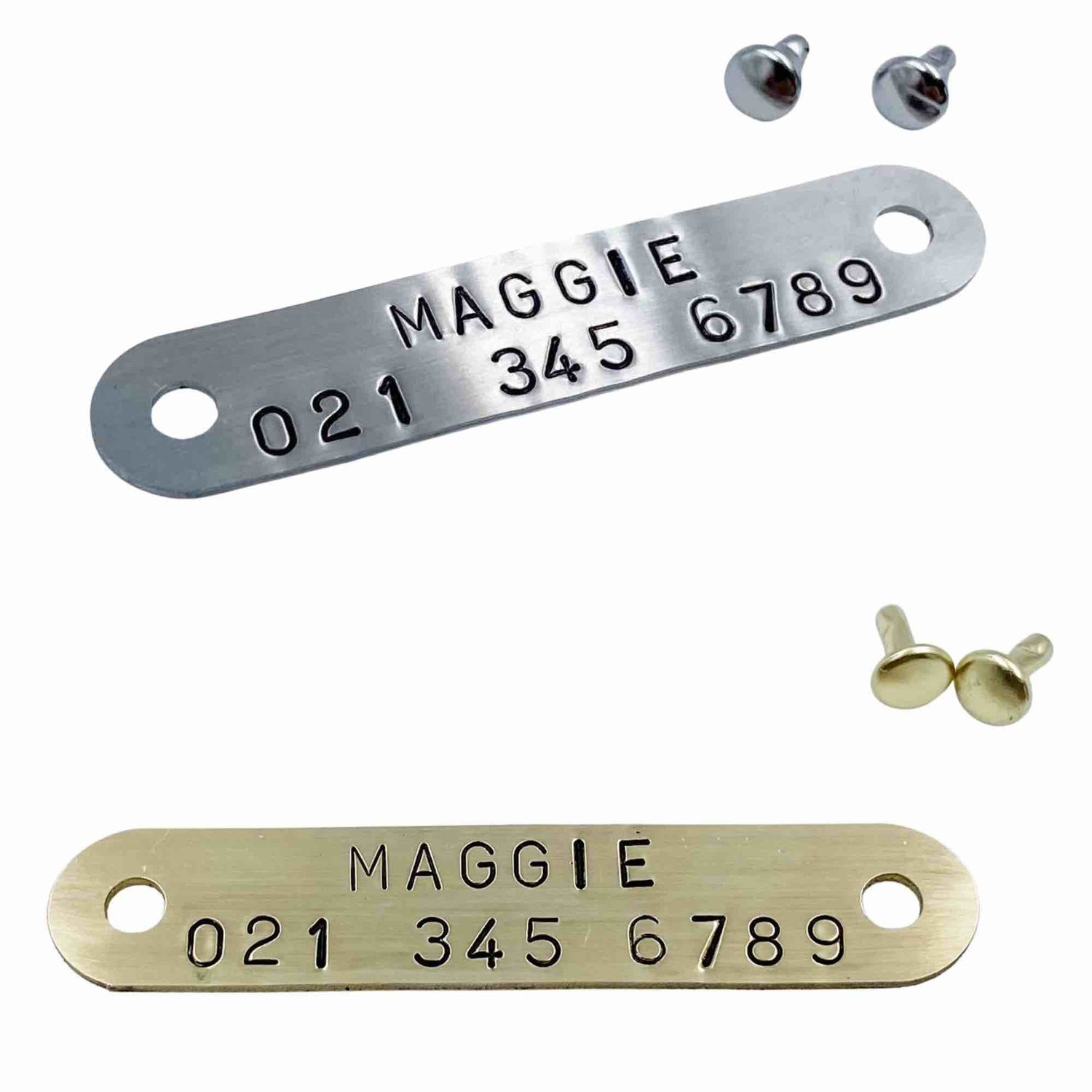 Custom Nameplates for Collars and Leads - Hand-stamped and Made in NZ by Kinfolk Leather