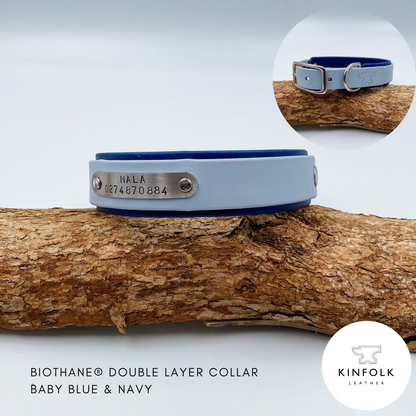 Waterproof BioThane Double Layered Collar with handstamped nameplate. Handmade by Kinfolk Leather in NZ