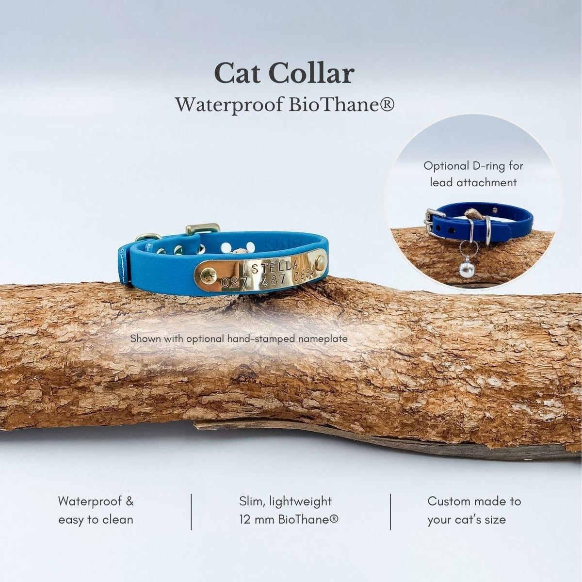 Waterproof BioThane cat collar with optional hand-stamped nameplate and D-ring, showing lightweight 12 mm material and custom sizing.