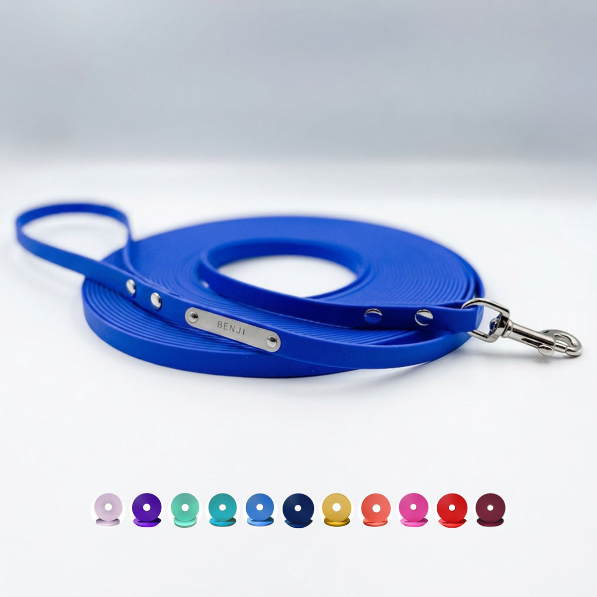 Royal blue BioThane® long line dog lead with handle and silver solid brass hardware
