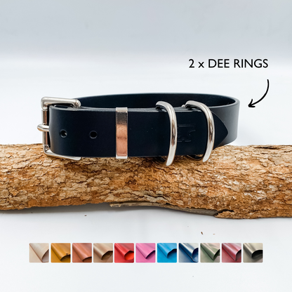 Black Double Dee Ring Dog Collar - Genuine Leather - Kinfolk Leather