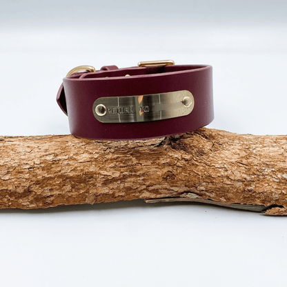 Brown leather dog collar with brass tag on a wooden log