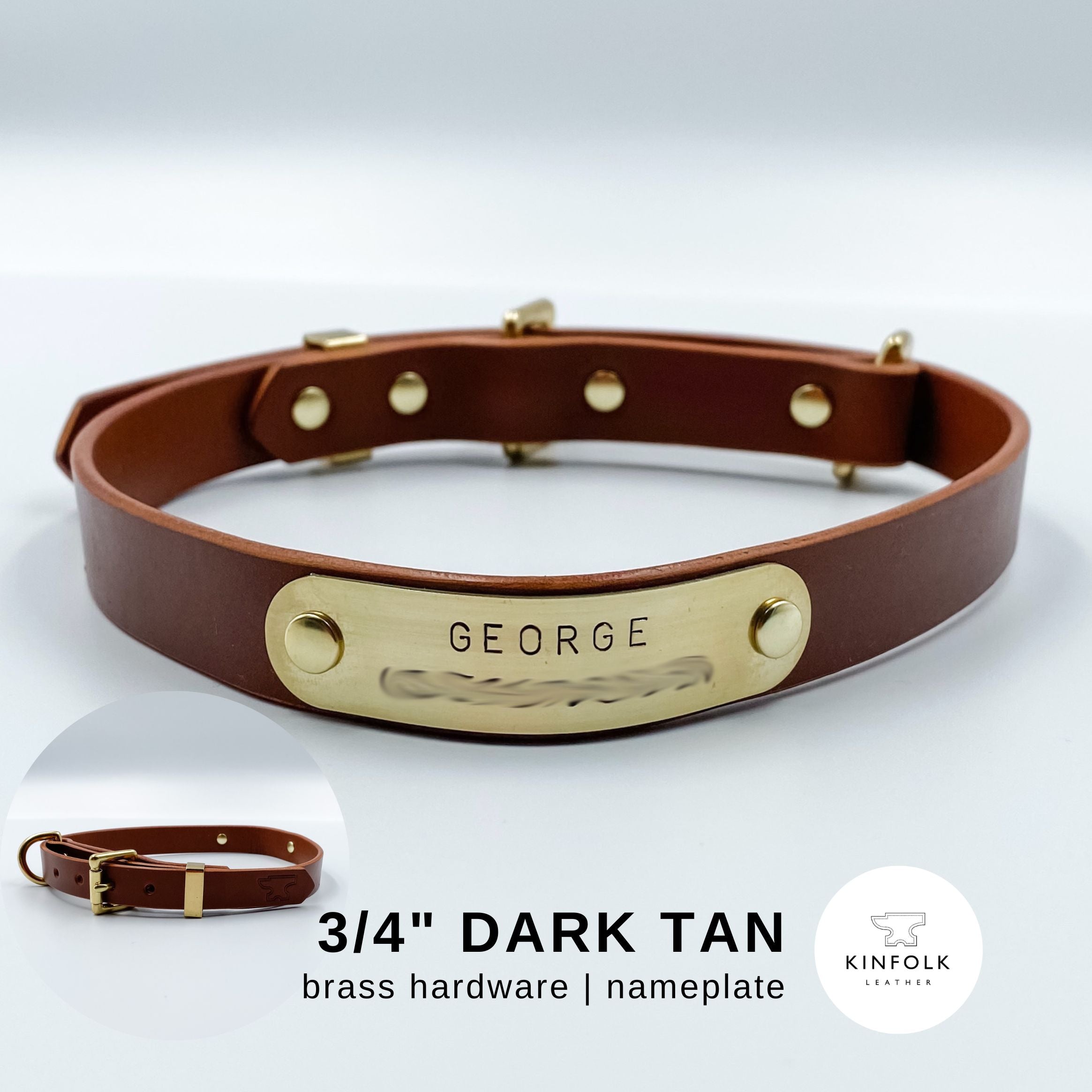 Leather dog collar store with metal nameplate