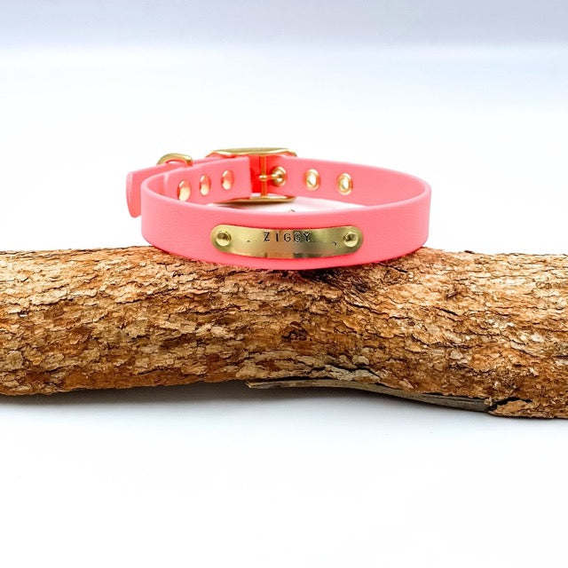 Pink dog collar with gold hardware on a wooden log against a white background