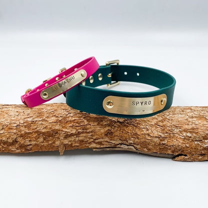 Two dog collars, one pink and one green, with brass nameplates on a wooden branch.