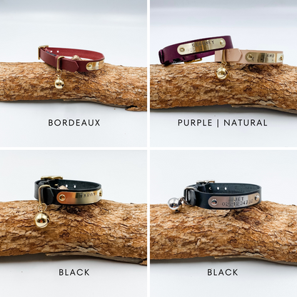 Custom Leather Cat Collars with nameplate - Various Colours - made in NZ by Kinfolk Leather