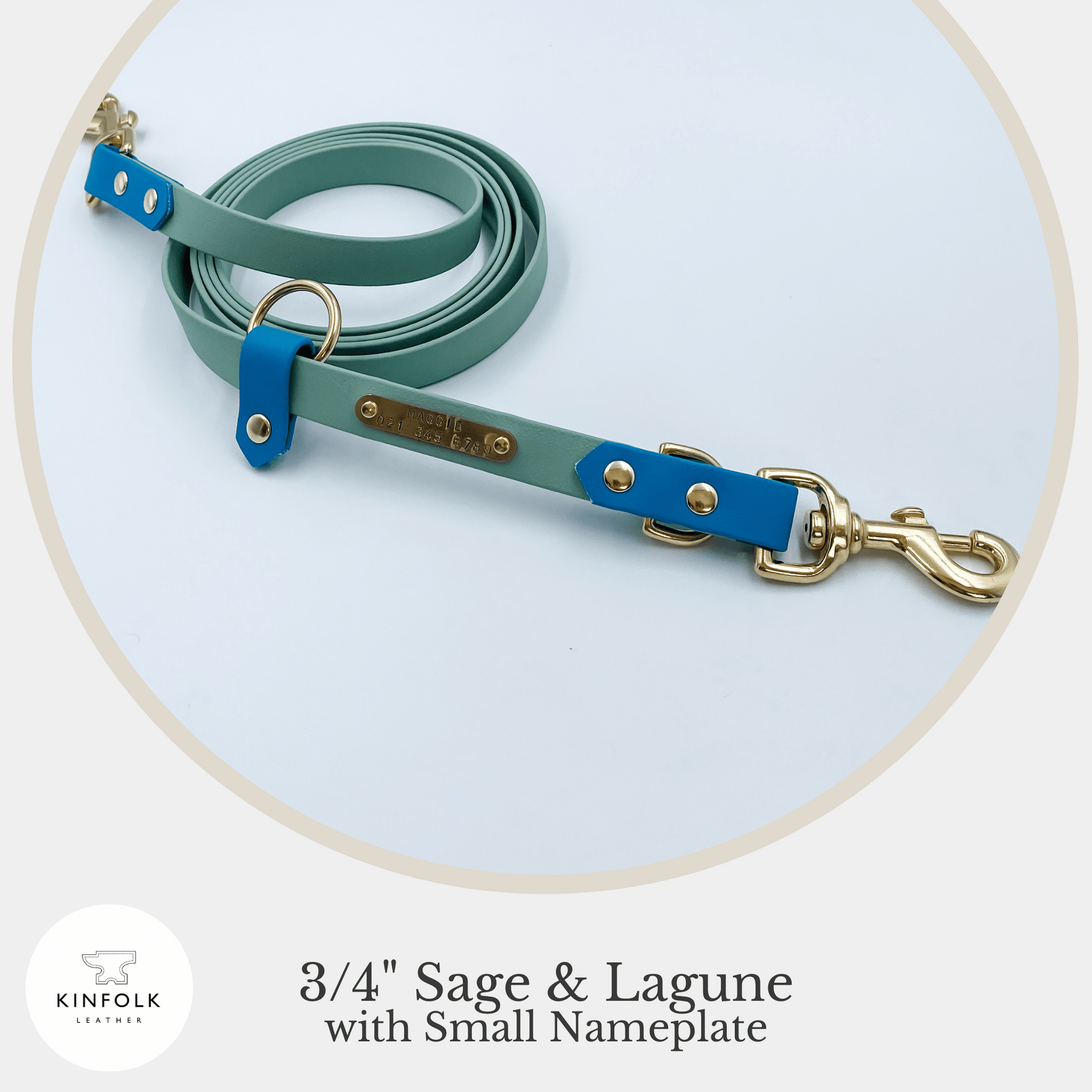 A Handsfree Dog Lead with nameplate - Sage and Lagune - Made from Waterproof Biothane - custom made by Kinfolk Leather in New Zealand