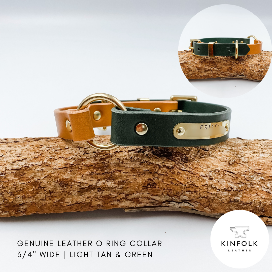 Two Tone O Ring leather collars - Light Tan and Green on a wooden log with 'KINFOLK LEATHER' branding.