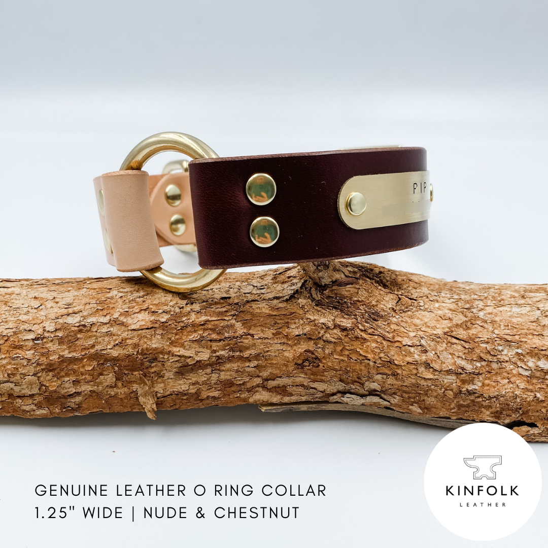 Brown leather dog collar with gold hardware on a wooden branch, featuring the Kinfolk Leather logo.