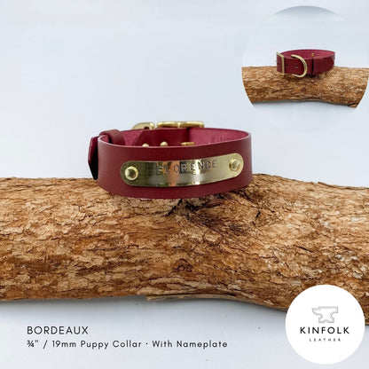 Bordeaux purple leather puppy collar with personalised brass nameplate