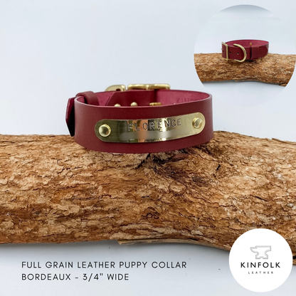 Soft Leather Purple Puppy Collar with personalised brass nameplate - custom made in NZ by Kinfolk Leather
