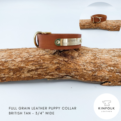 Soft Leather Puppy Collar with personalised brass nameplate - custom made in NZ by Kinfolk Leather
