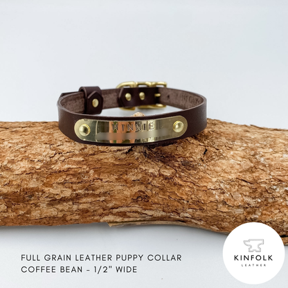 Soft Leather Brown Puppy Collar with personalised brass nameplate - custom made in NZ by Kinfolk Leather