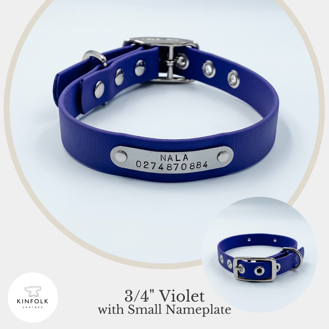 Violet Purple Dog Collar - Custom Made with handstamped nameplate - made from waterproof Biothane - Silver coloured Solid brass buckle and eyelets - Made in New Zealand by Kinfolk Leather