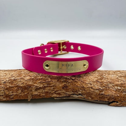 Pink dog collar with gold buckle and nameplate on a wooden branch