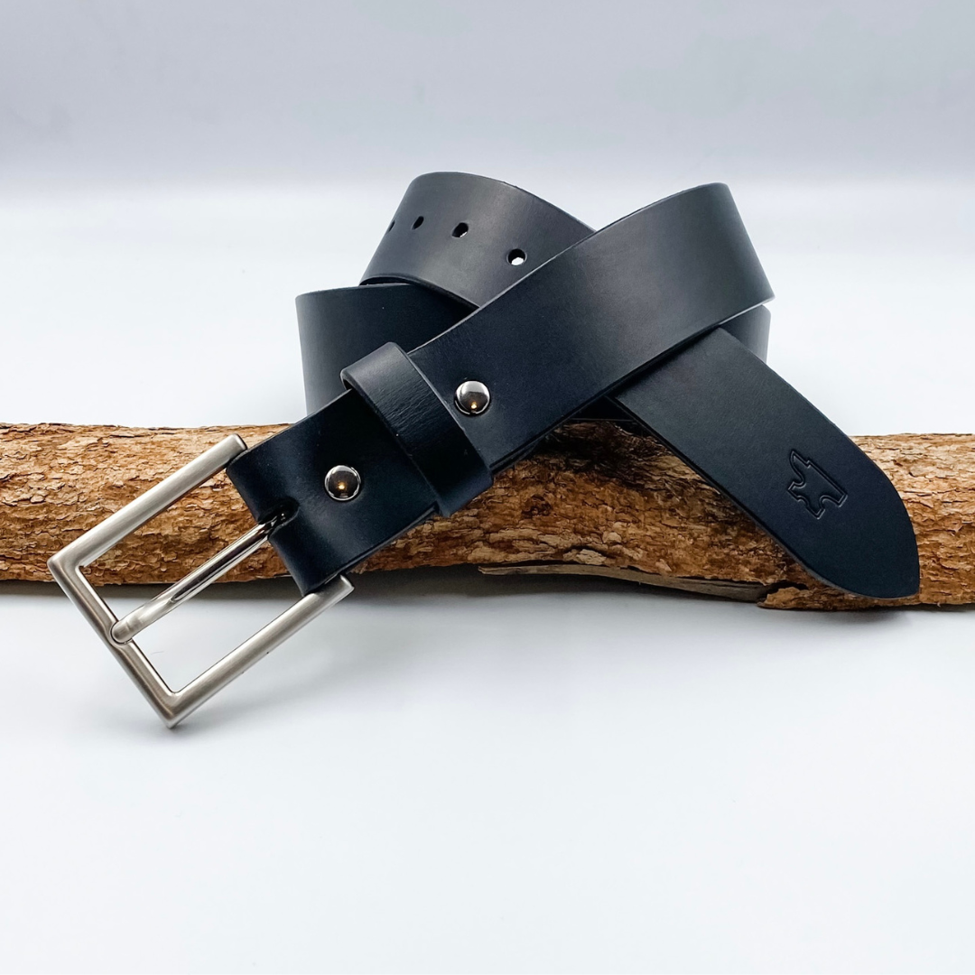 Black leather personalised belt for men with silver buckle