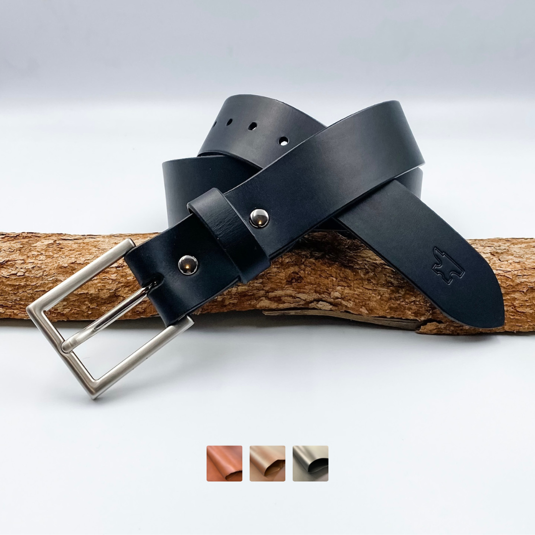 Personalised black leather belt for men with silver buckle