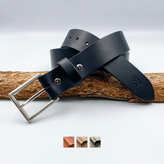 Personalised black leather belt for men with silver buckle