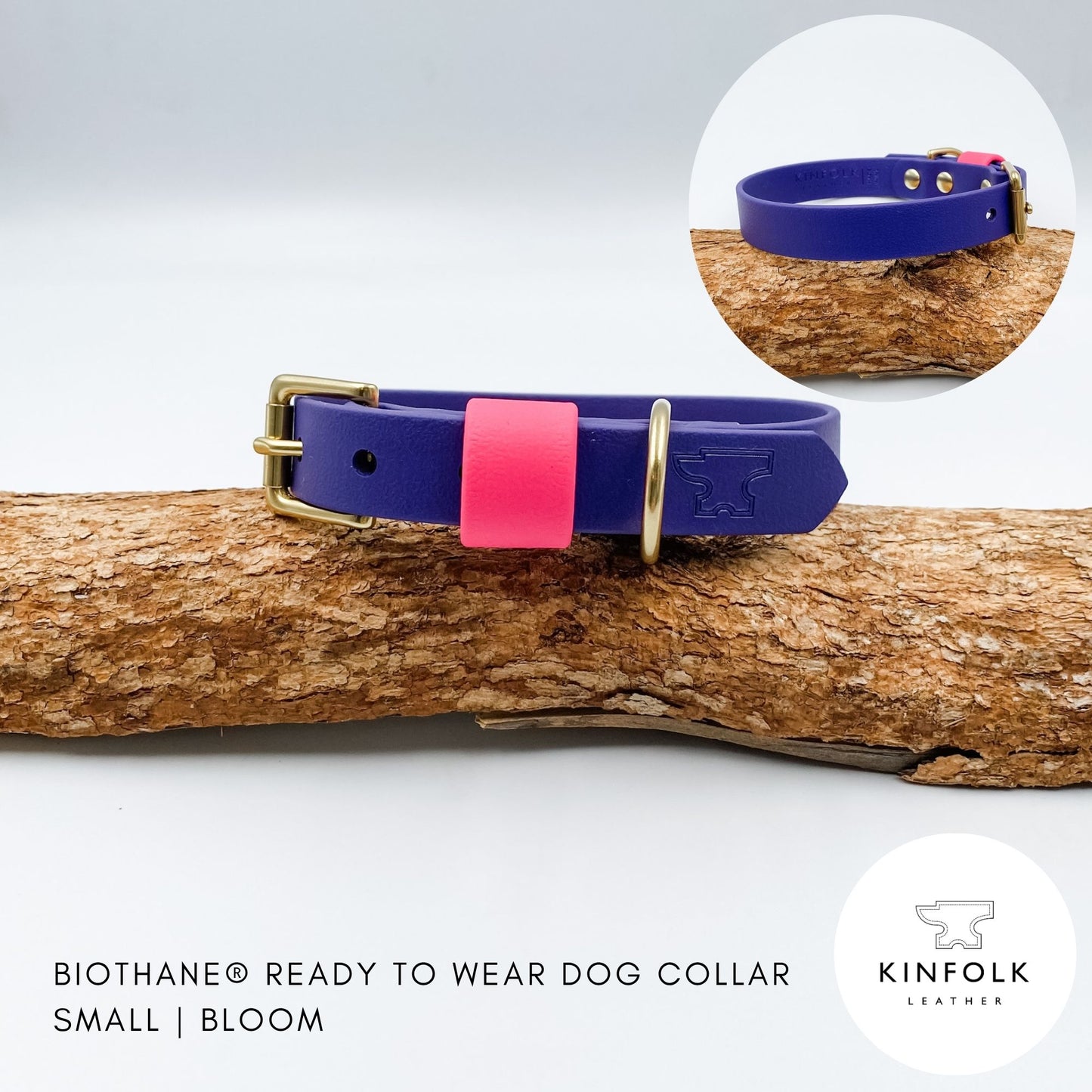 Violet BioThane dog collar with a bright hot-pink keeper and solid brass hardware, handmade in New Zealand.