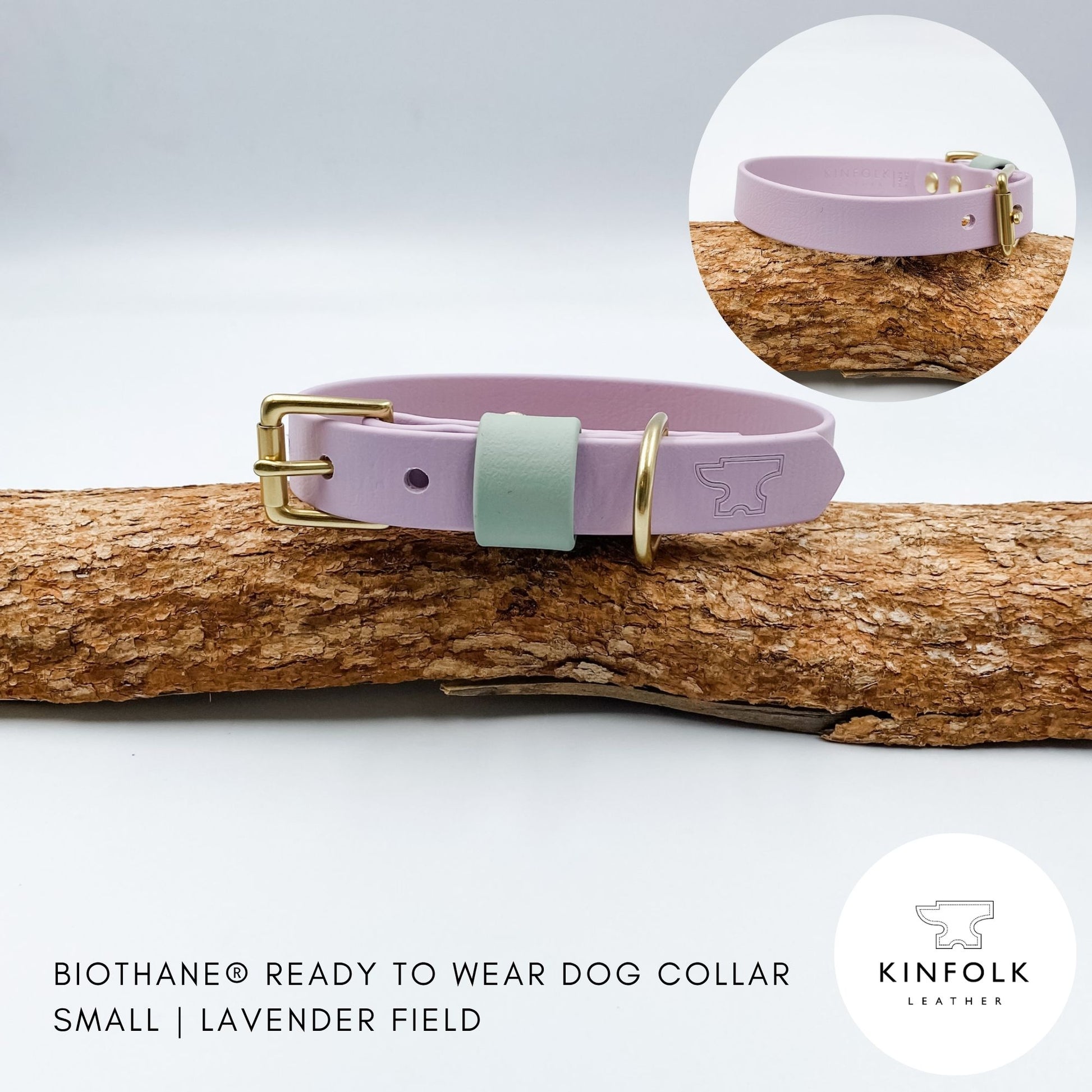 Lavender purple BioThane dog collar with a soft sage keeper and solid brass hardware, handmade in New Zealand.