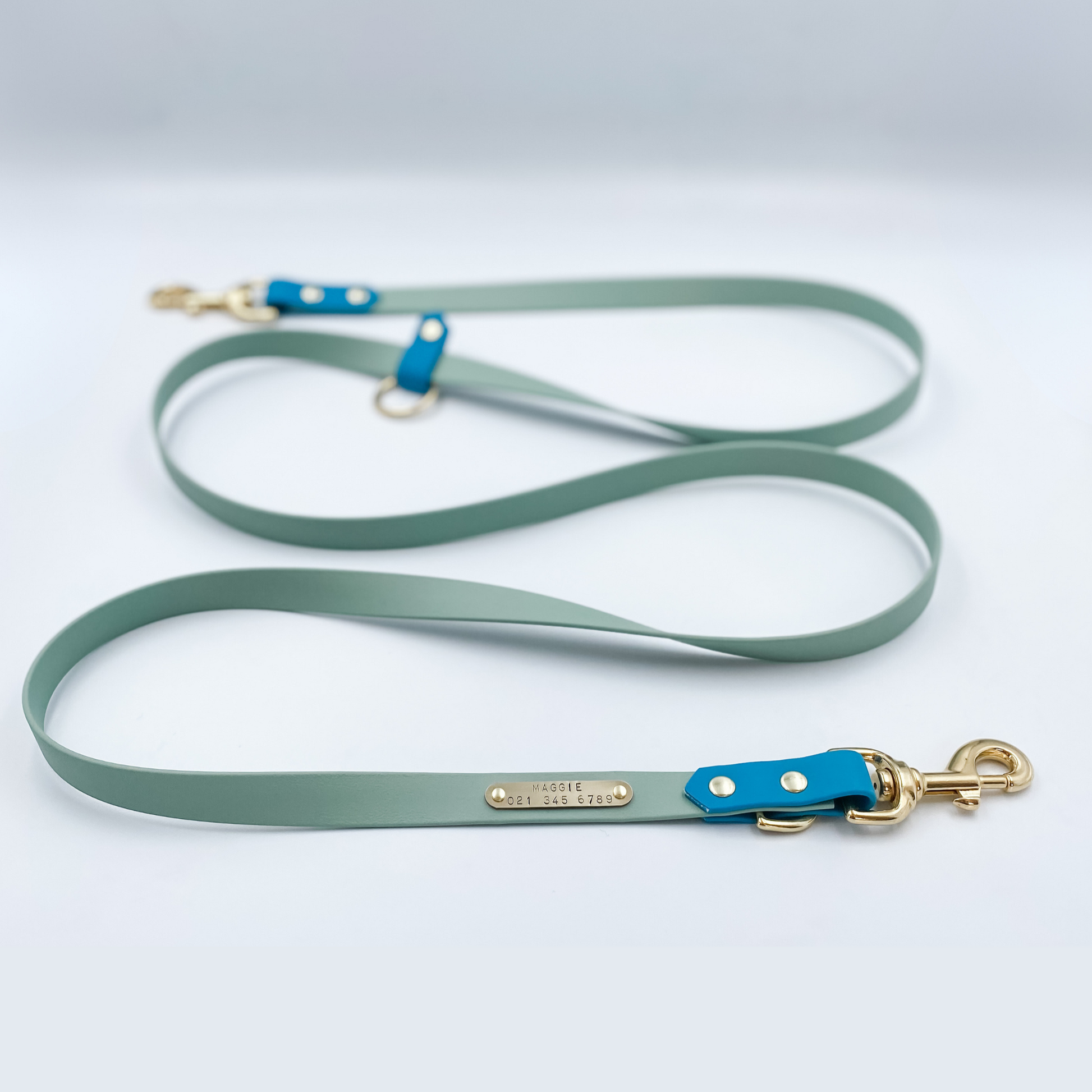 A Handsfree Dog Lead with nameplate Made from Waterproof Biothane - custom made by Kinfolk Leather in New Zealand