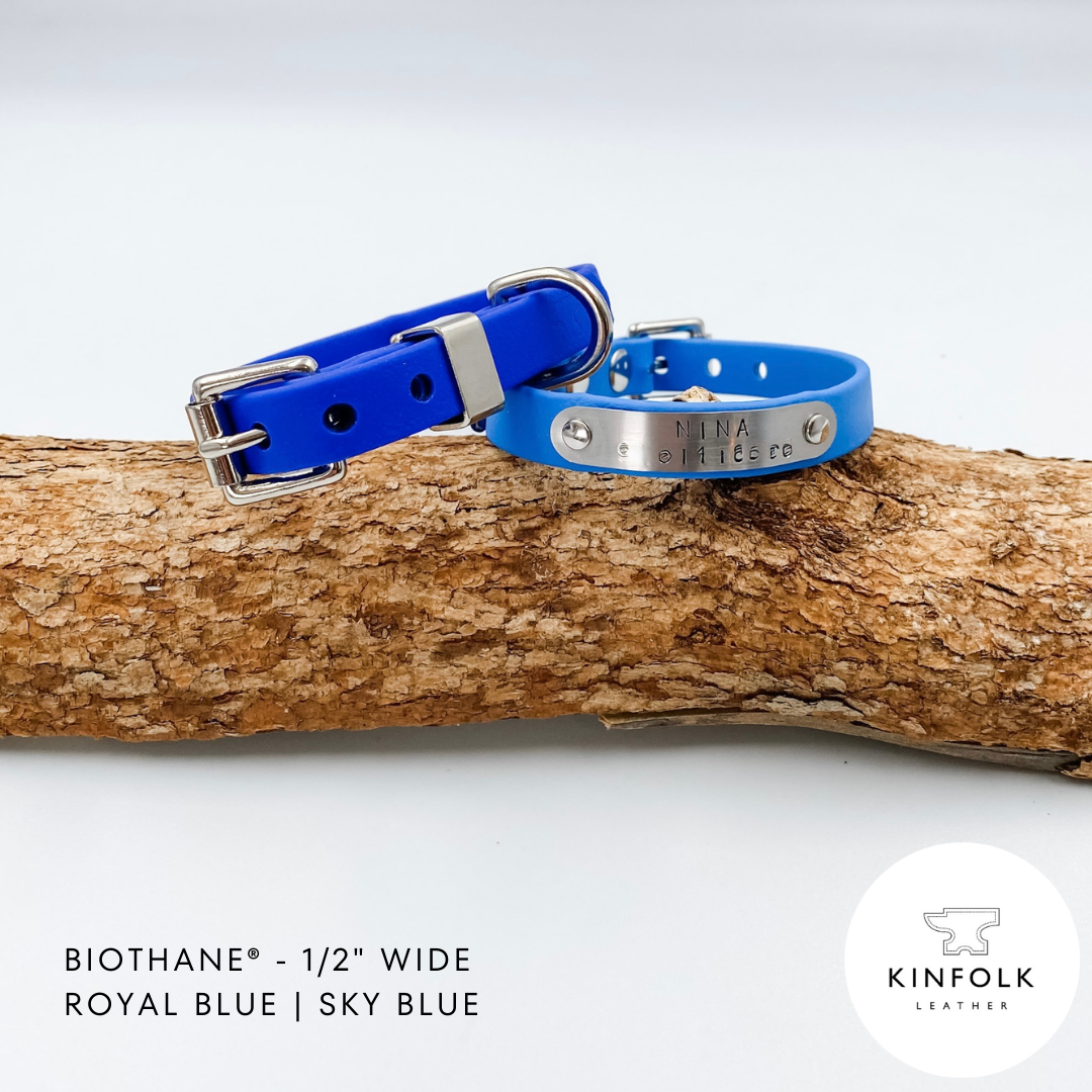 Waterproof BioThane Dog Collars - Custom Made in NZ by Kinfolk Leather - Blue