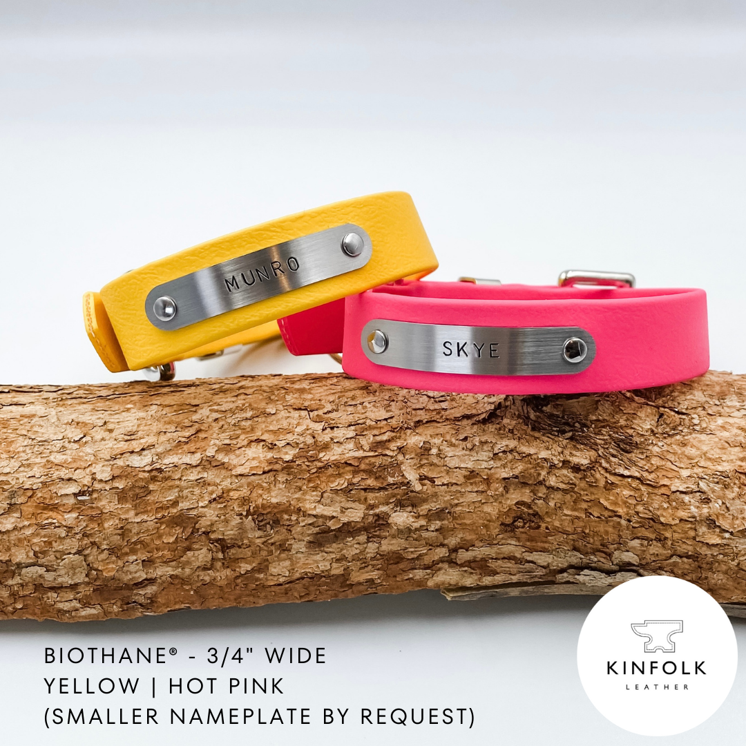 Waterproof BioThane Dog Collars - Custom Made in NZ by Kinfolk Leather - Yellow and Pink