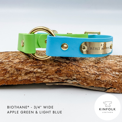 Waterproof BioThane Dog Collar - custom O ring dog collar - made in NZ by Kinfolk Leather. Green and Blue