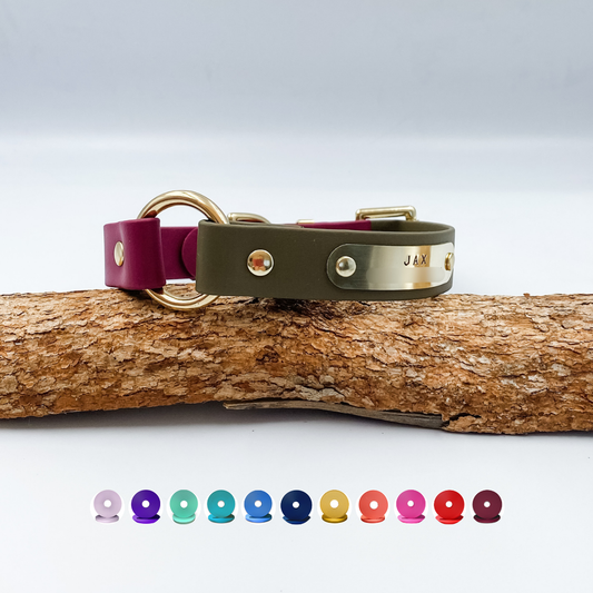 Two Tone O Ring Dog Collar made from waterproof biothane. includes hand stamped nameplate. custom sized
