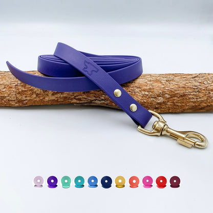 Purple BioThane® drag line dog lead with silver solid brass hardware
