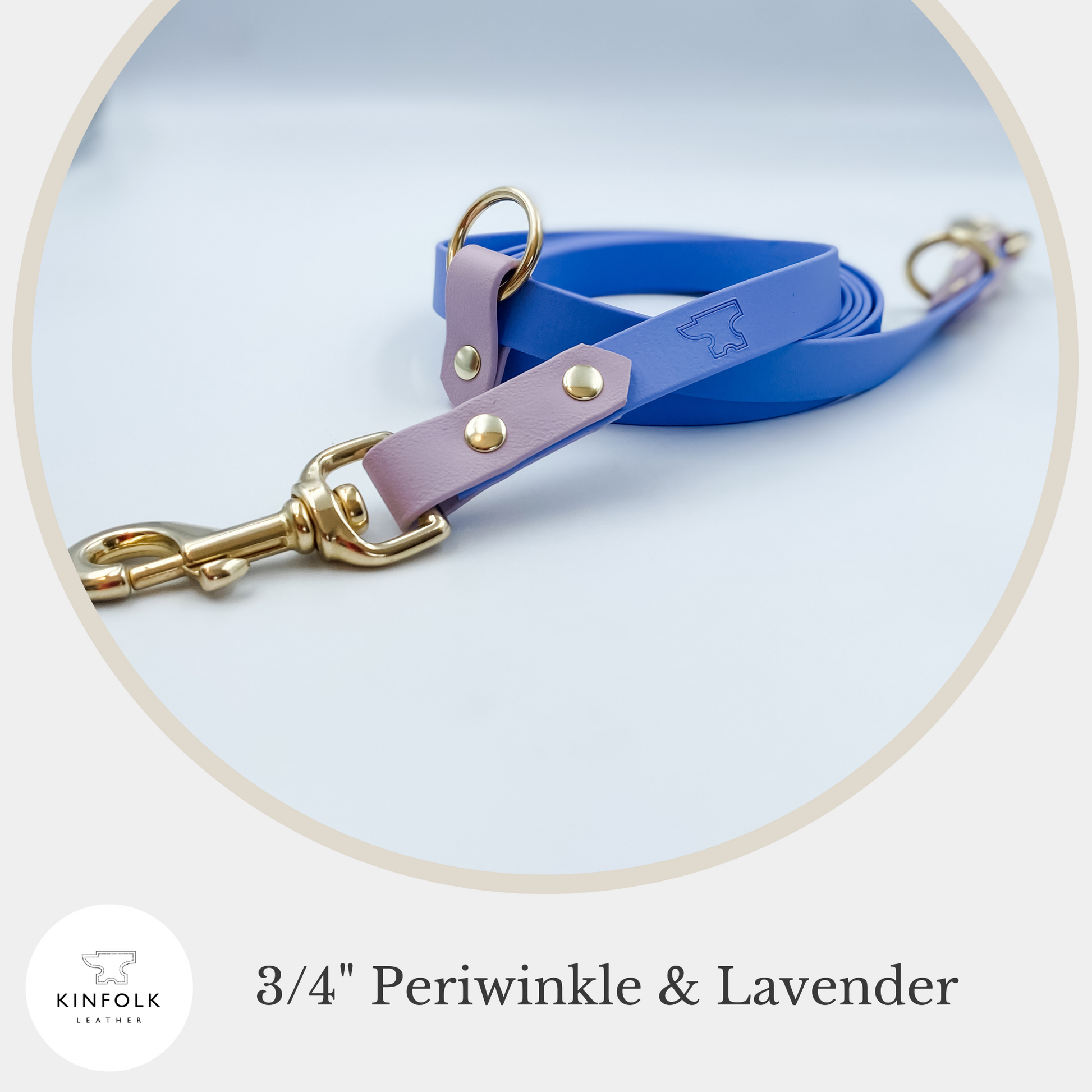 A Handsfree Dog Lead with nameplate - Periwinkle and Lavender - Made from Waterproof Biothane - custom made by Kinfolk Leather in New Zealand