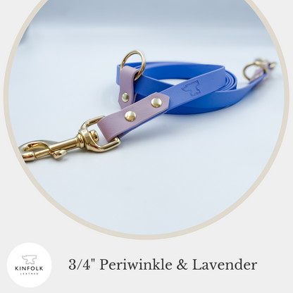 A Handsfree Dog Lead with nameplate - Periwinkle and Lavender - Made from Waterproof Biothane - custom made by Kinfolk Leather in New Zealand