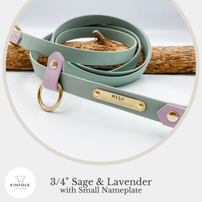 Waterproof Biothane - Handsfree Dog Lead Leash with nameplate - Sage and Lavender - Kinfolk Leather