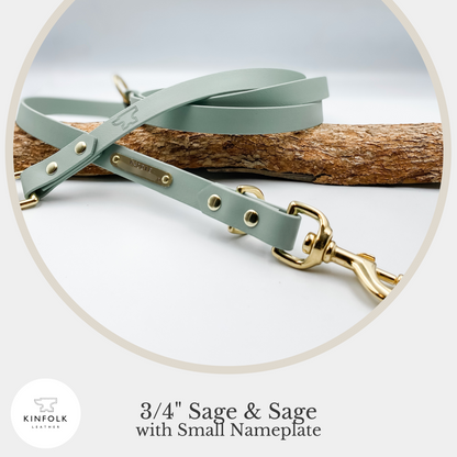 Waterproof Biothane - Handsfree Dog Lead Leash with nameplate - Sage and Sage - Kinfolk Leather