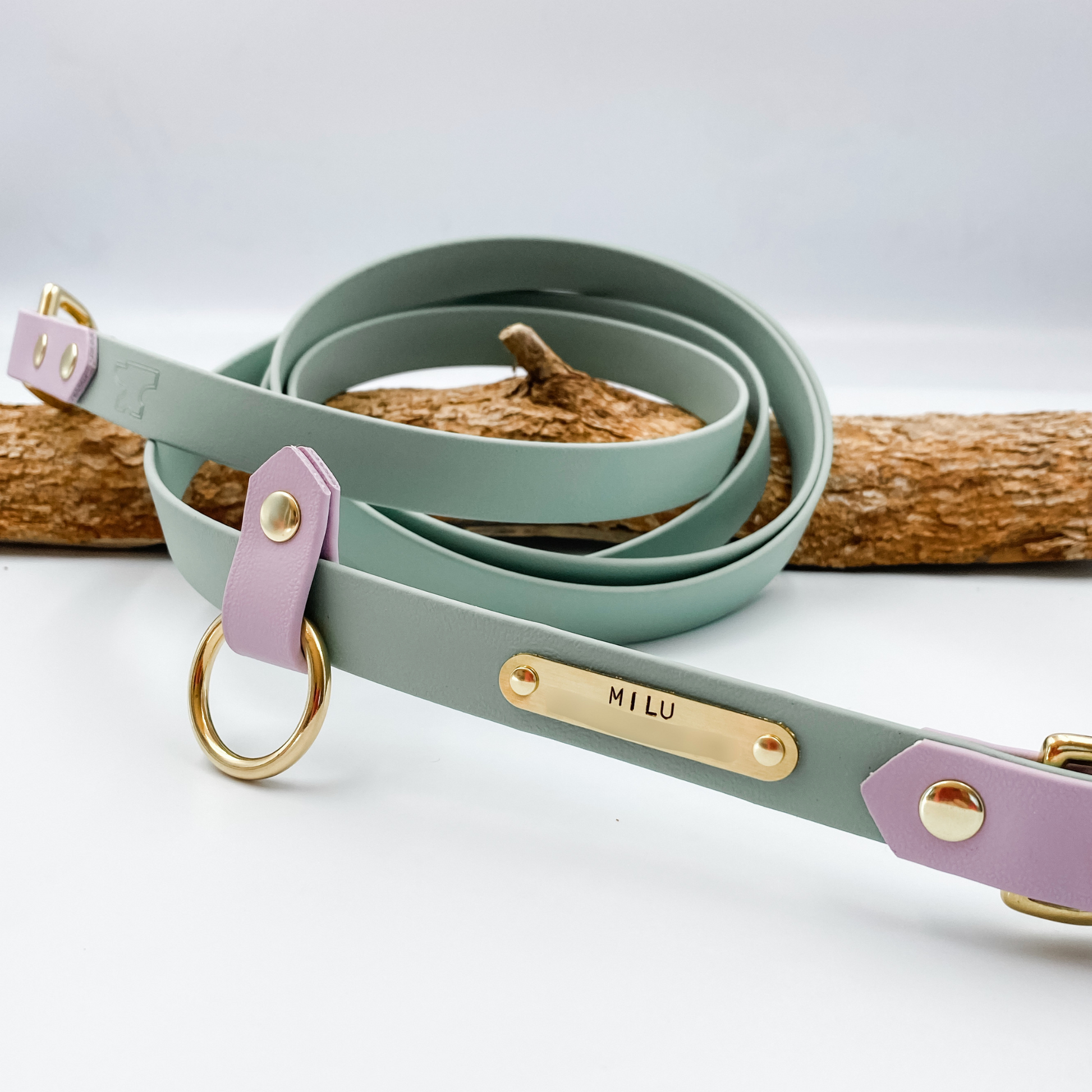 Waterproof Biothane - Handsfree Dog Lead Leash with nameplate - Sage and Lavender - Kinfolk Leather