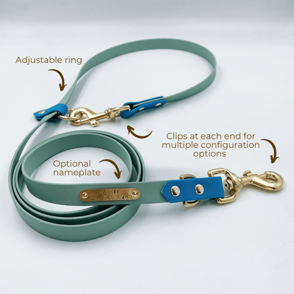 A Handsfree Dog Lead with nameplate Made from Waterproof Biothane - custom made by Kinfolk Leather in New Zealand