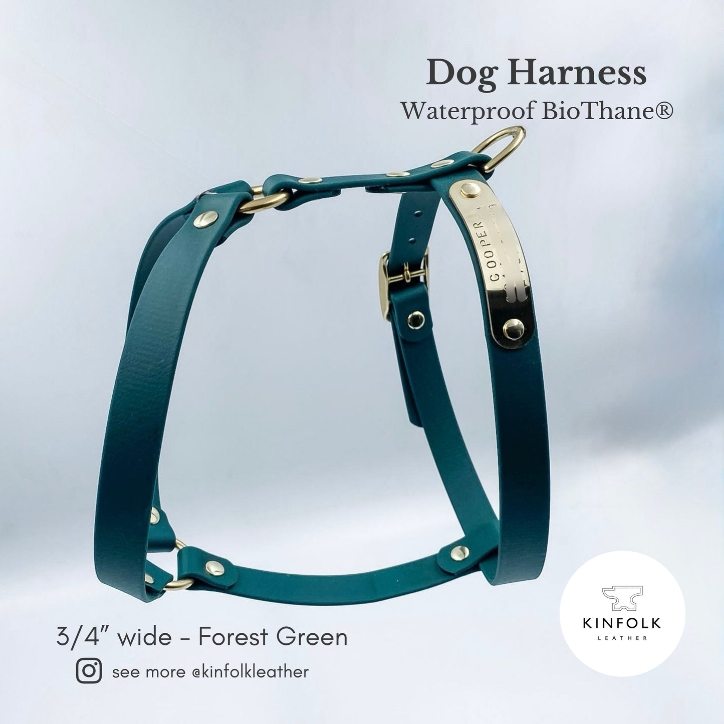 Waterproof dog harness  made from forest green biothane with brass buckle and nameplate