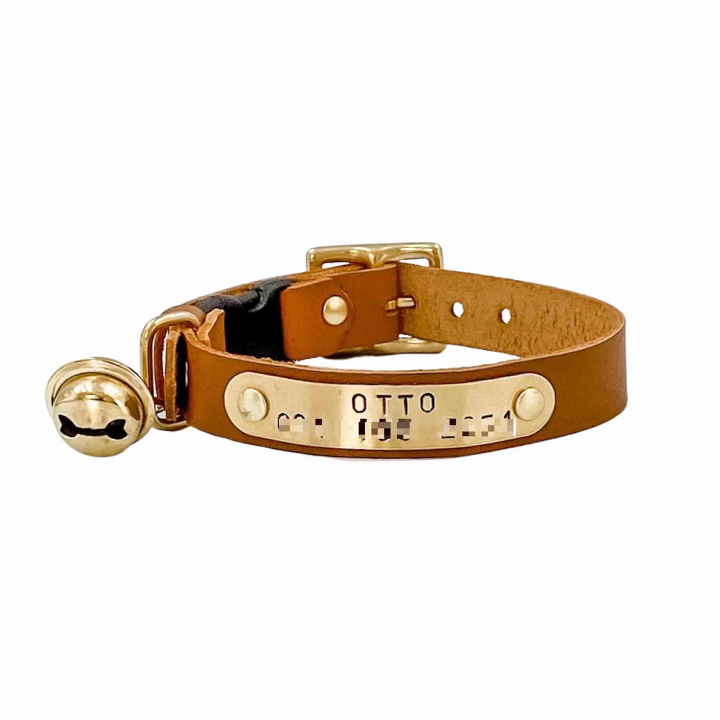 Leather & Brass Cat Collar with hand-stamped nameplate (Adjustable) - Black Gold (Brass) - Kinfolk Leather