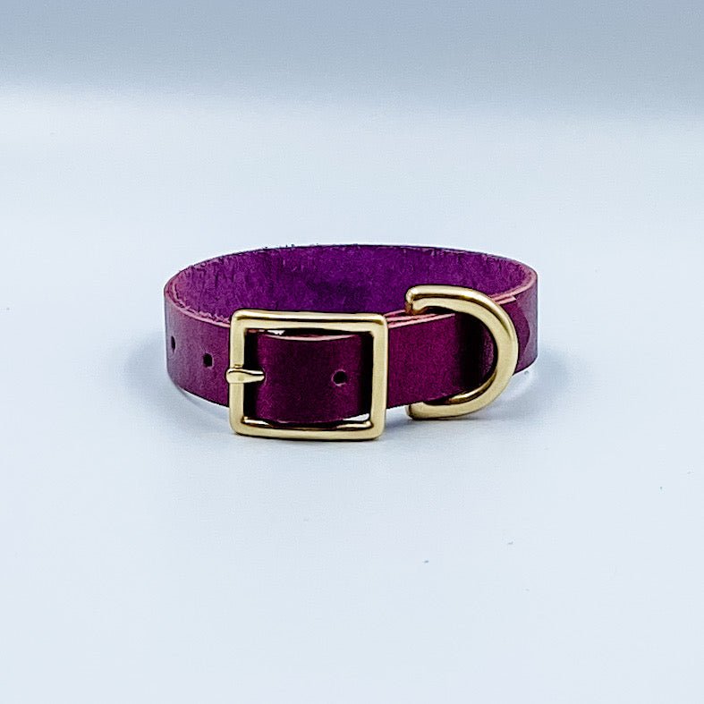 Leather Puppy Collar / Tiny Dog Collar (includes hand-stamped nameplate) - Purple with gold hardware Yes - Kinfolk Leather