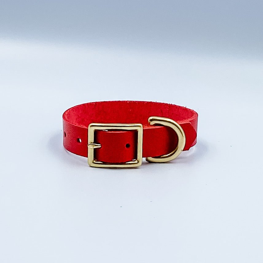 Leather Puppy Collar / Tiny Dog Collar (includes hand-stamped nameplate) - Red with gold hardware Yes - Kinfolk Leather